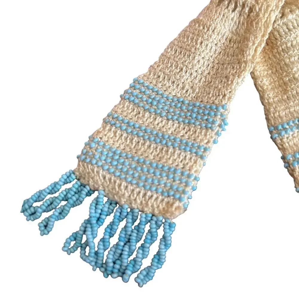 Victorian Edwardian Beaded Crochet Miser’s Purse with Blue Bead Fringe